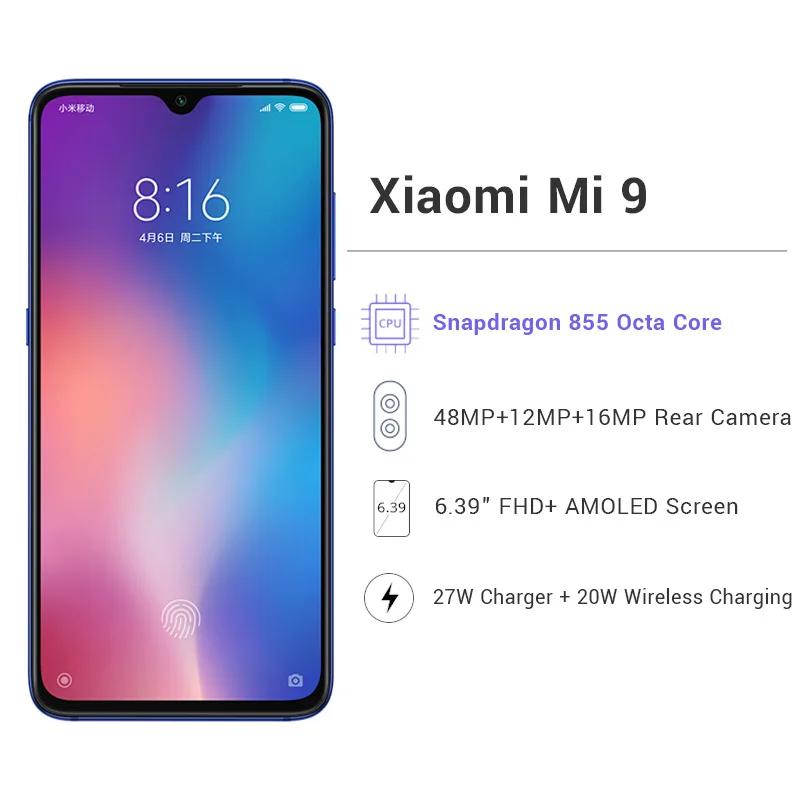 Xiaomi mi 9, 6 ГБ ОЗУ, 128 Гб ПЗУ, смартфон mi 9, Восьмиядерный процессор Snapdragon 855, 6,39 дюймов, 48 МП, тройная камера с дисплеем, отпечаток пальца