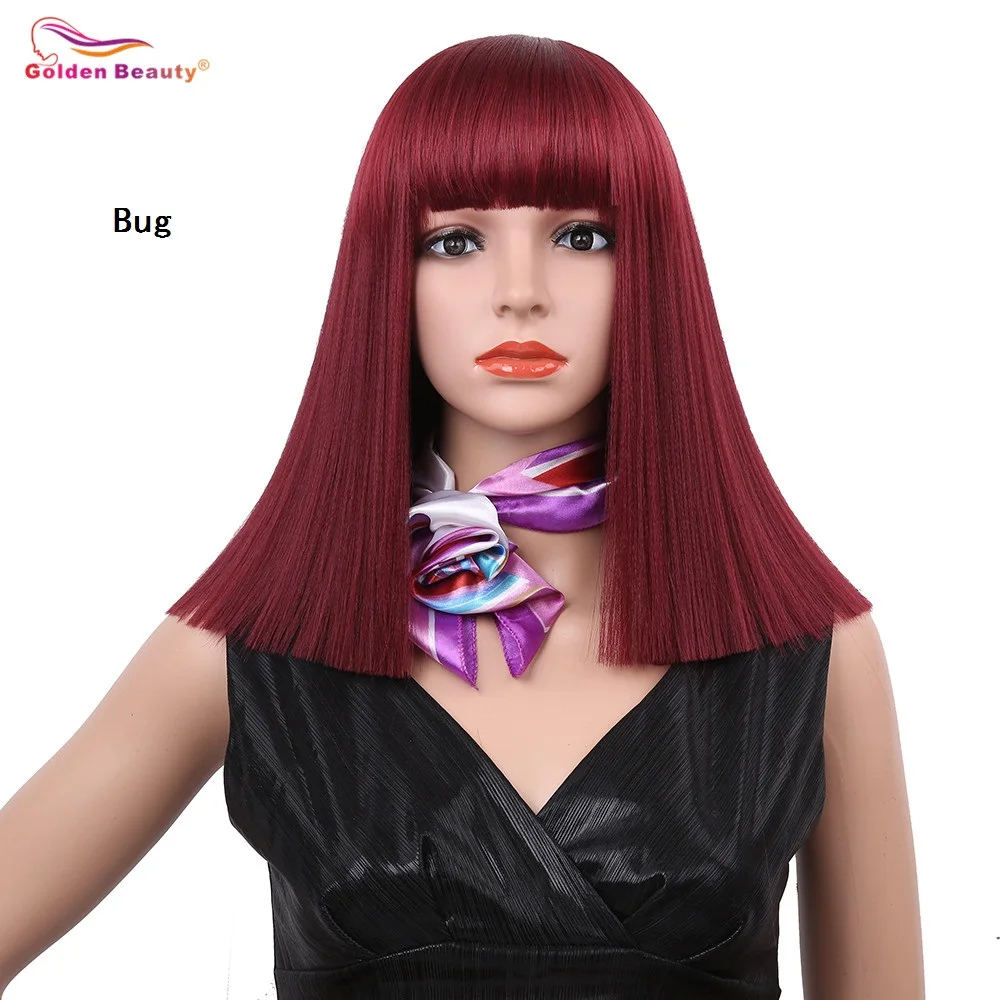 Goede 14 inch Silky Lange Rechte Synthetisch Haar Pruik Gemengde Kleur Blauw Blonde Wijn Rode Cosplay Natuurlijke Bob Pruiken voor Vrouwen gouden Schoonheid