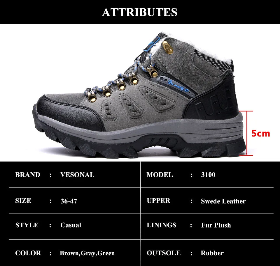 VESONAL/зимние ботинки на меху для мужчин; кроссовки; Мужская обувь для взрослых; повседневные качественные водонепроницаемые ботинки унисекс; резиновые теплые ботинки