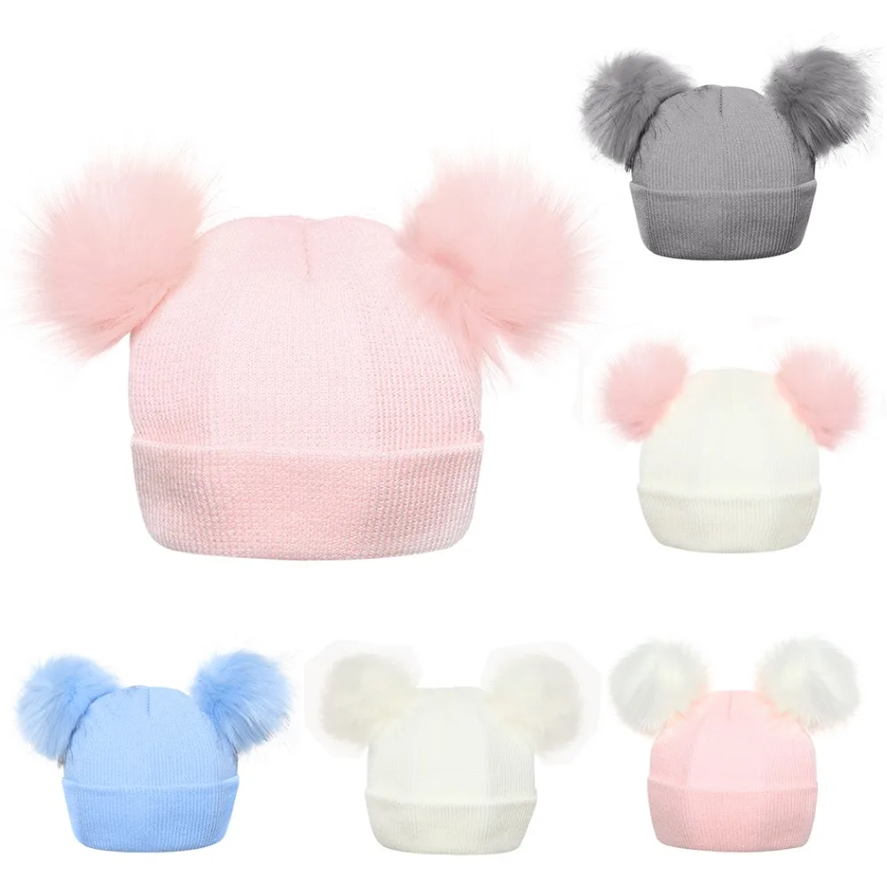 

Winter Knitted Baby Hats 2018 Girls Boys Sweet Solid Hat With Two Fur Pompoms Balls Kids Caps For Baby Girls Warm Soft Hat Cap