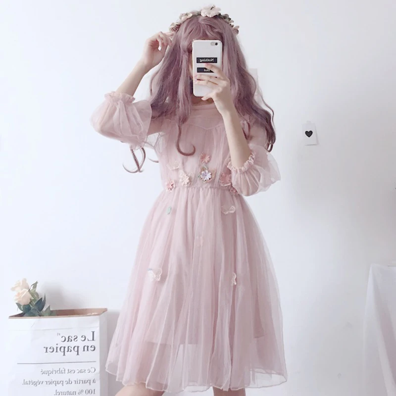 

New Flower Kawaii Lolita Style Women Dress+Japanese Soft Sister Sweet Lantern Sleeve Mesh Dress Students Summer Women Two-piece
