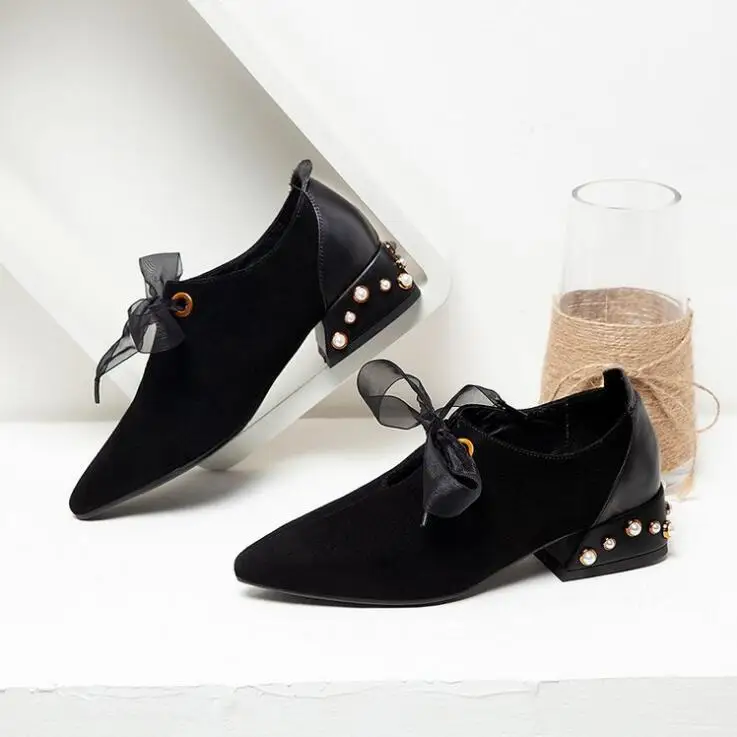 

2018 the new style of autumn women fashion British style Pearl pumps female sharp toe riband lace up bow tie heel shoes