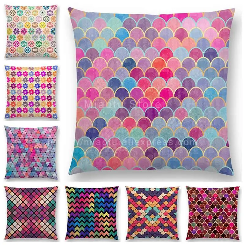 Lovely Geometric Pattern Cushion Cover Pastel Triangles Diamond Colorful Flowers Dots Stars Rainbow Wave Sofa Throw Pillow Case | Дом и сад