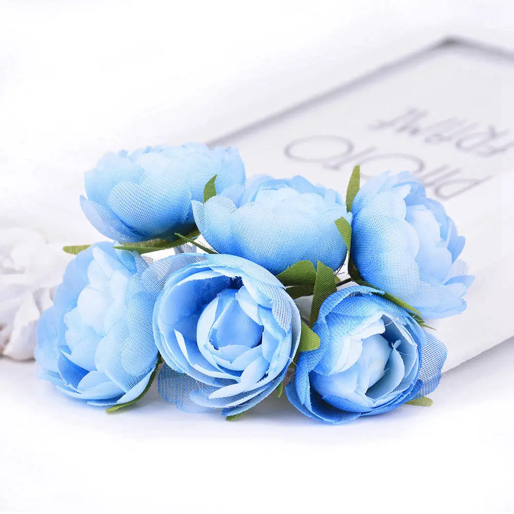 6 шт./лот искусственный цветок марли букет чайной розы для свадьбы Вечерние партия украшения DIY отделка для обуви Костюмы Пальто подарочная коробка - Цвет: Синий