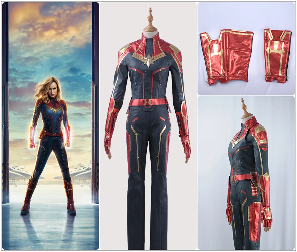 

Superhero Captain Marvel Ms. Marvel Super-Heroes Cosplay Costume Two Piece Top Pants Gloves Faux Leather Costume Cosplay Wig