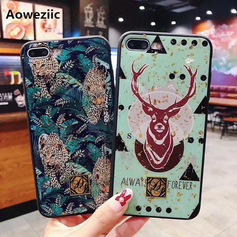 

Aoweziic Europe four small leopards and deer for iphoneX XS MAX XR phone case anti-fall 6 7 8plus electroplating gold standard