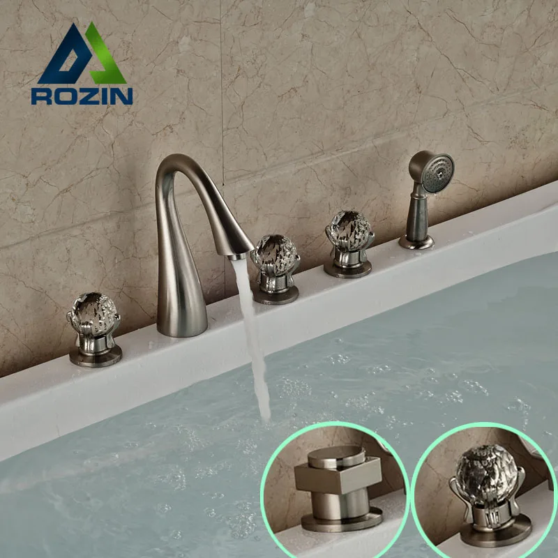 

2016 New 5pcs Deck Mount Bath Tub Mixer Taps Widespread Tub Faucet with Handheld Shower Brushed Nickel 3 Handles