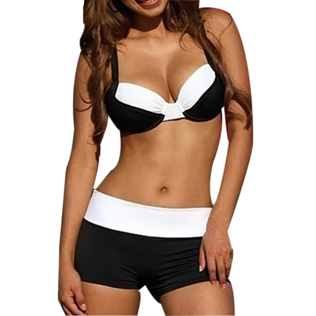 

Women Plus Size Designed Bikini Fashion Black White Patchwork High Waist Split Swimsuit Set Push Up Beachwear Swimwear #Y1