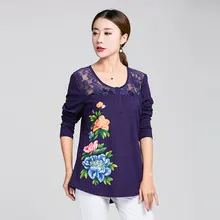 Новые осенние китайский стиль ручная роспись хлопок футболки женские Большие размеры кружева лоскутное повседневные футболки Большие размеры Блузки XXXXXL XXXXL 5XL