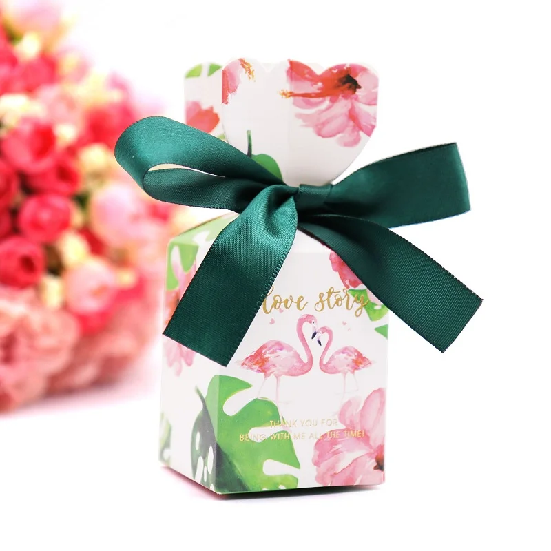 10 шт. Романтические свадебные украшения цветок бумажная коробка для конфет День Рождения украшения розовый мрамор, Зеленый лист, фламинго коробки для конфет - Цвет: Green leaf flamingo