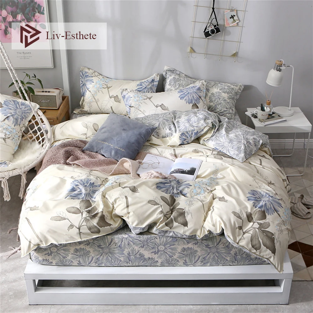 

Liv-Esthete Mordern Flower Decor Bedding Set Pastoral Duvet Cover Fitted Sheet Pillowcase Bed Linen For Adult Kids Bedspread