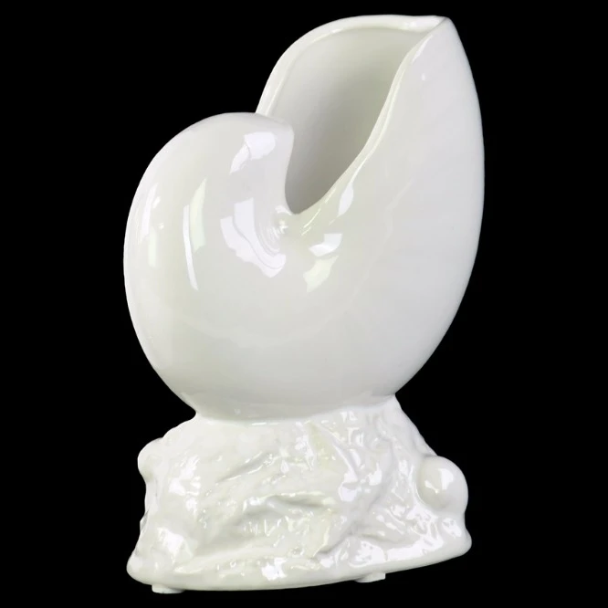 Porcelain Nautilus Seashell Sculpture on Coastal Base - White - Benzara