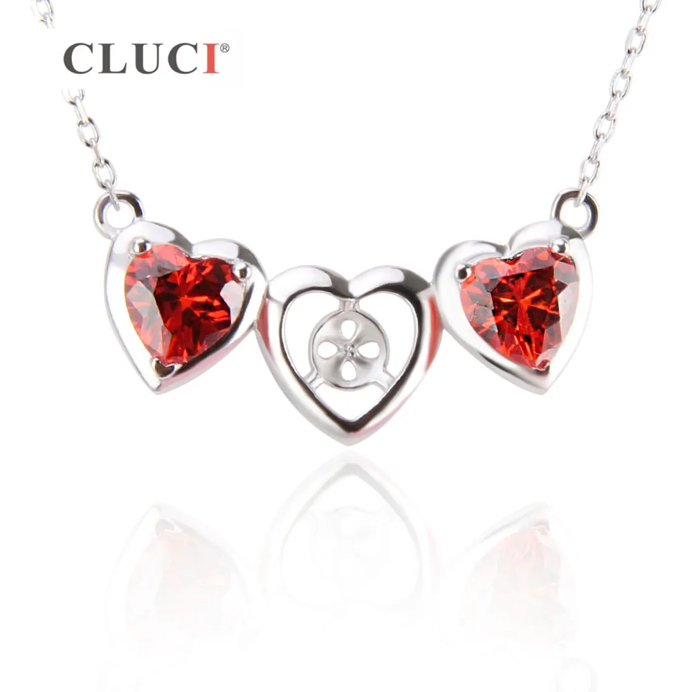 

CLUCI heart charms necklace 925 sterling silver link chain necklace Mounting with 2 red heart shaped zircons For Women love Gift