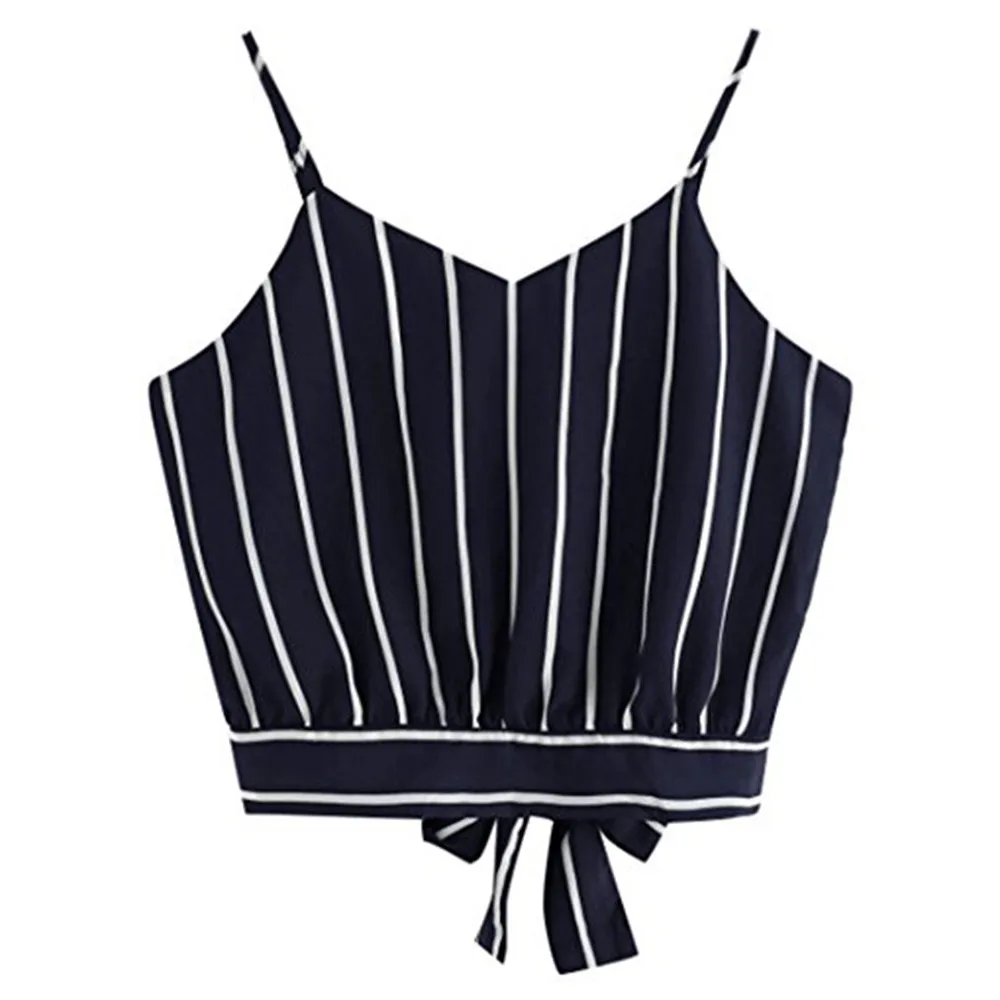 

Summer Sexy Women Tie Back V Neck Striped Crop Cami Top Camisole Blouse Back Bow Women Off Shoulder Casual T-Shirts #R