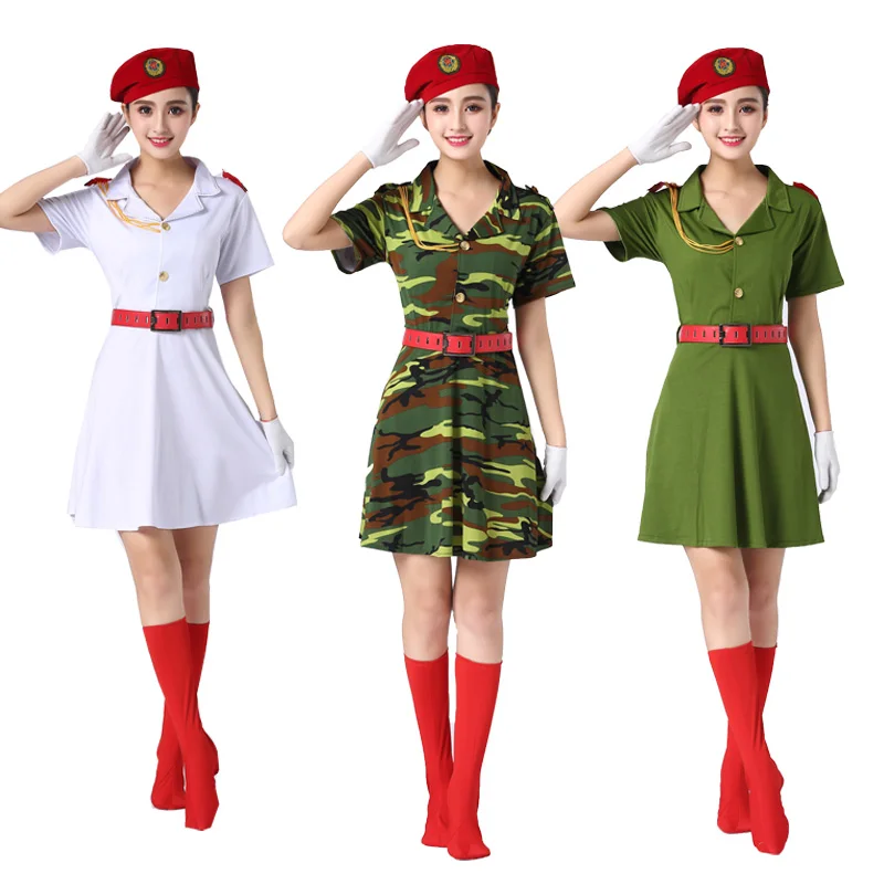 Квадратный танцевальный сценический костюм синего, зеленого, красного цвета, летняя женская военная одежда, камуфляжные костюмы для женщин, солдатское танцевальное платье