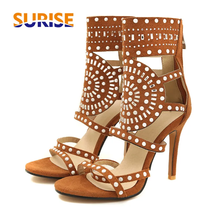 

Casual Woman Gladiator Sandals 10cm High Thin Spike Heel Open Toe Bohemia Crytal Rhinestone Flock Zipper Summer Ladies Stiletto