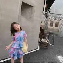 Платье с оборками для девочек летние хлопковые модные платья для девочек от 1 до 7 лет, HU88