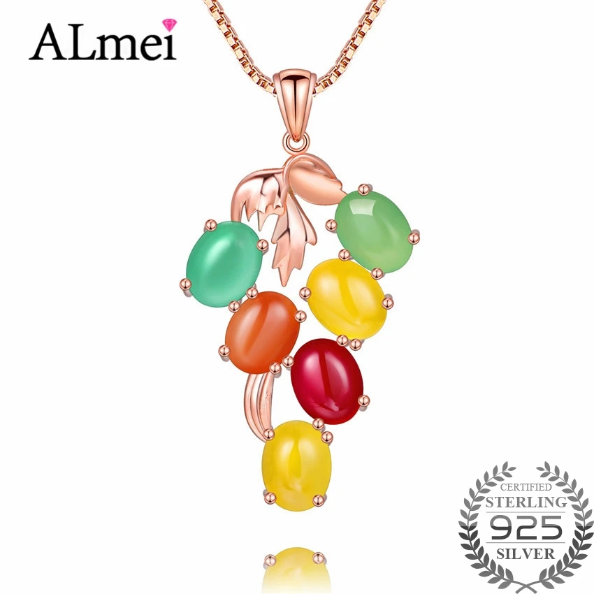 

Almei Female Multicolor Grape Jasper Pendant Necklace 925 Sterling Silver Rose Gold Color Fruit Jewelry with Chain Box CN023