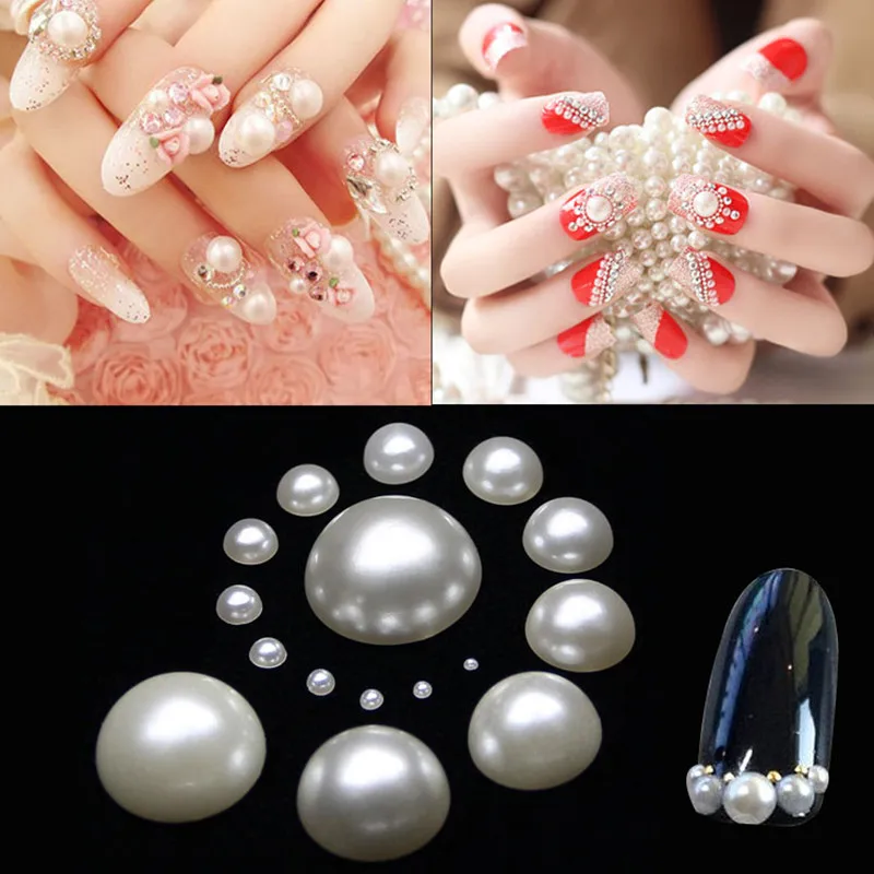 

White Lvory Flat Abs Semicircle Pearl 4-14mm Imitation Pearl Diy Mobile Nail Stickers Beauty Paste Nail Material Accessories 20g