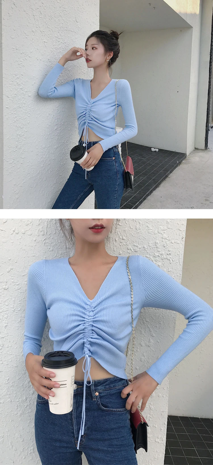 AOSSVIAO Sexy lace up knitting pullover top Fashion autumn winter sweater women Chic pink V-neck knit slim jumper pull femme