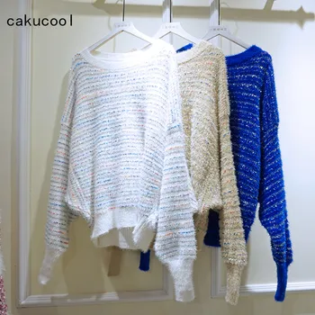 

Cakucool New Faux Mink Cashmere Sweater Bat Sleeved O neck Jumpers Bling Silver Lurex Casual Loose Knit Pull Sweaters Top Female
