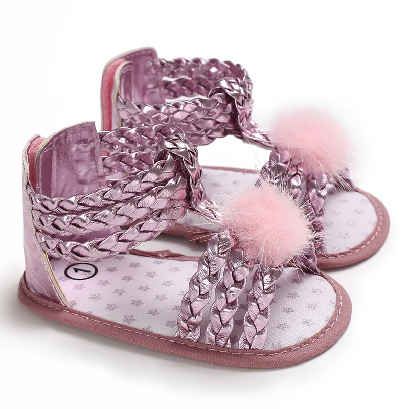 Комбинезон для новорожденного, для маленьких девочек; летние сандалии для девочек принцесса Нескользящие кожаные волосы PU мяч мягкая подошва обувь для младенцев, на возраст от 0 до 18 месяцев - Цвет: Розовый