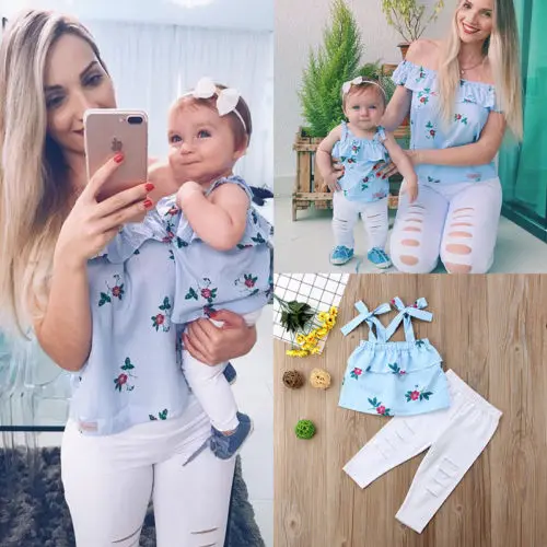Floral Mother and Daughter Matching Outfits Striped Tops Hole Pants 2Pcs Clothes