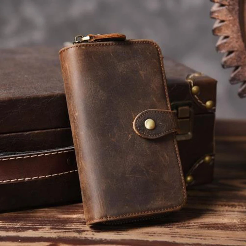 Vintage Crazy horse Genuine Leather Men Wallet Men Purse Long style Leather Wallet male Purse ...