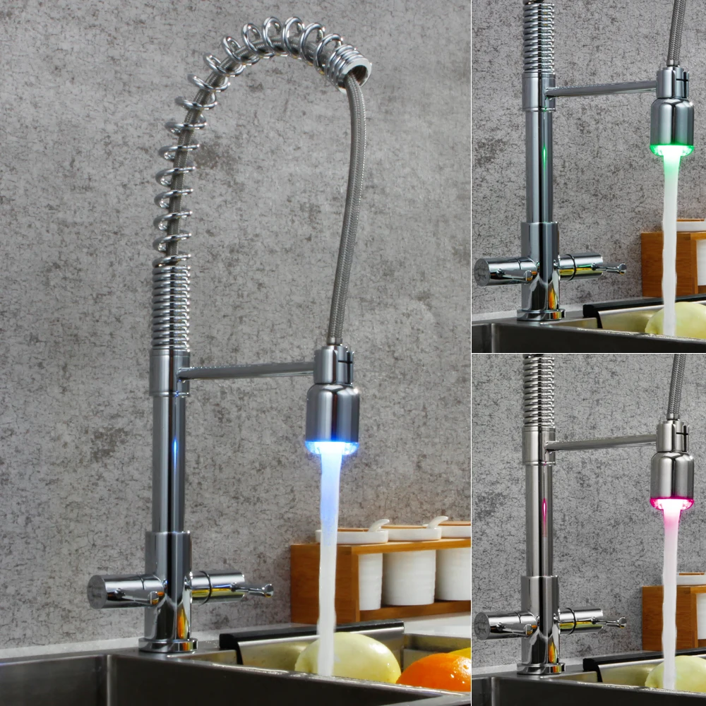 LED Light Sink Faucet Brass Chrome Plated Kitchen Faucets Cold Deck