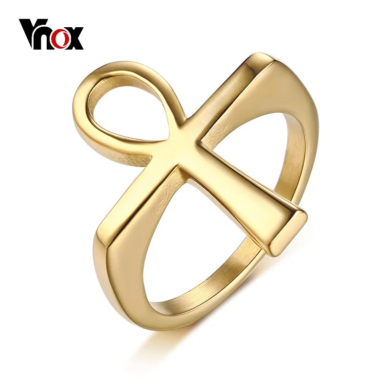 Vnox عبر الرجال خاتم الذهب لهجة الفولاذ المقاوم للصدأ عنخ المصري مفتاح من الحياة الذكور خواتم الاصبع مجوهرات