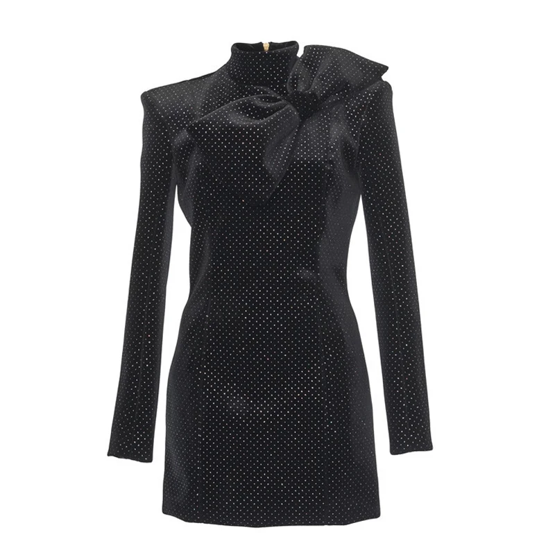 New Fashion Runway Designer Gilding Sequines Velvet Dress Winter Women Long Sleeve Big Bowknot Sheath Bodycon Party Dress