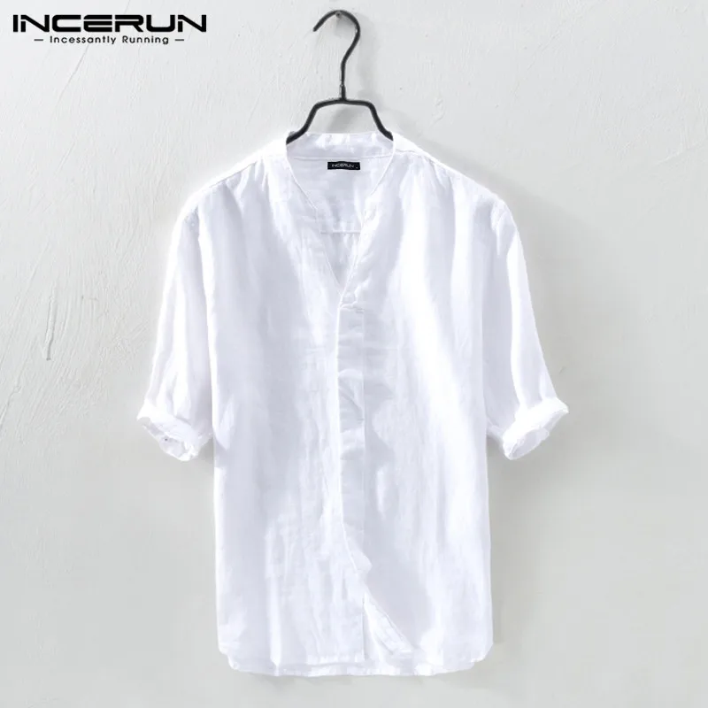 INCERUN/летние мужские брендовые рубашки из хлопка с коротким рукавом и v-образным вырезом, однотонные винтажные рубашки в уличном стиле для мужчин Camisa Masculina Harajuku 5XL - Цвет: White Shirt