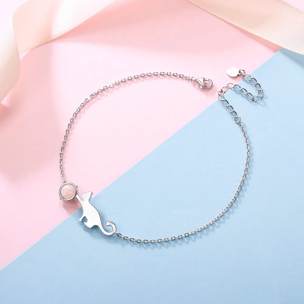 SILVERCUTE натуральный розовый кристалл браслет на лодыжку ножной с котом для женщин