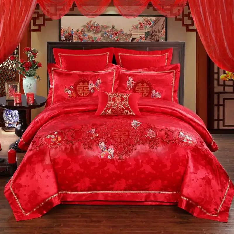 

Wedding Luxury Satin Jacquard Bedding sets Embroidery Bedding Sets Chinese Red Duvet Cover Bed Sheet Pillowcases more son