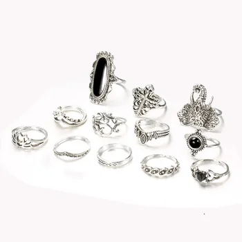 

144 Pieces/Lot Elephant Cross Lotus Leaf Crown Antique Silver Color Hollow Totem Ring Set Women Middle Knuckle Finger Jewelry