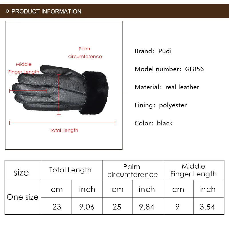 Pudi GL856 мужские перчатки из натуральной кожи Зимние новые перчатки из натуральной кожи высокого качества мужские перчатки черного цвета