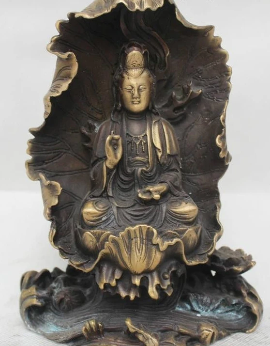 

7"China Tibet Buddhism Folk Bronze Lucky Sit lotus flower Kwan-Yin Statue