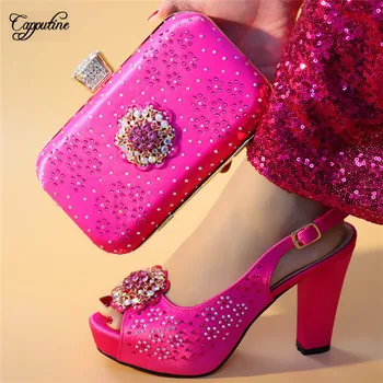 

Gorgeous evening party high heel shoes and clutch handbag with luxury stones A208 in fuchsia, heel height 11cm