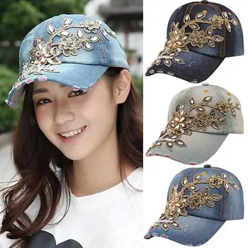 

Women's Embossing Flower Denim Baseball Cap Summer Rhinestone Inlaid Jeans Hat