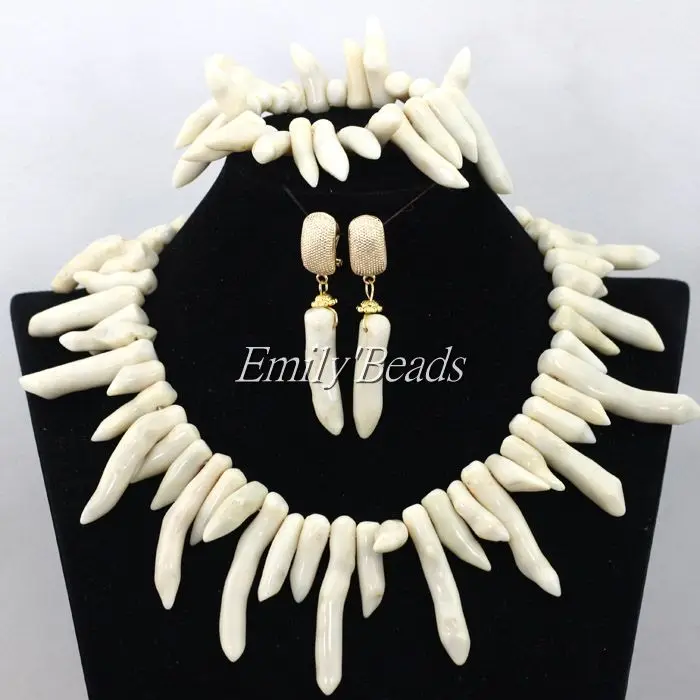 

Fantastic African White Coral Beads Jewelry Set Irregular Nigerian Wedding Costume Indian Bridal Necklace Free Shipping CJ595