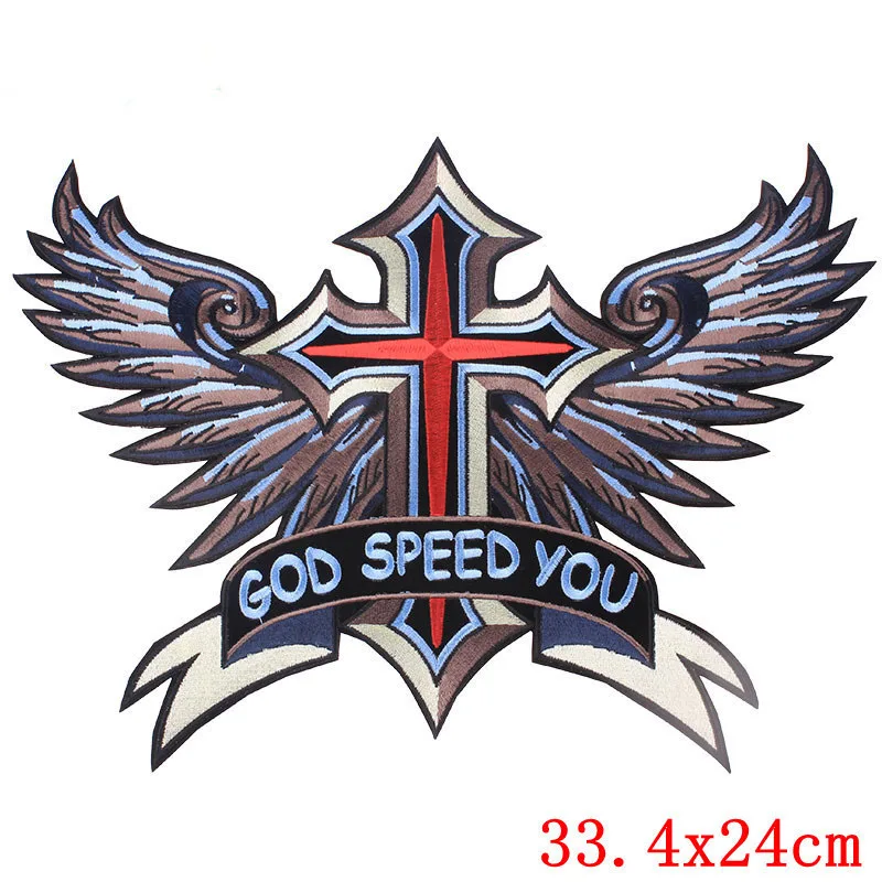 

Embroidered Large size God Speed Red Cross Wing Patches Motorcycle Biker Patches motor biker motocross for vest Jackets