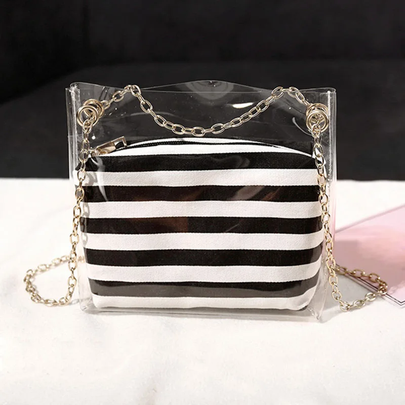 

Women Composite Bags Metal Chain PVC Transparent Shoulder Bag Striped Purse Gift Best Sale-WT