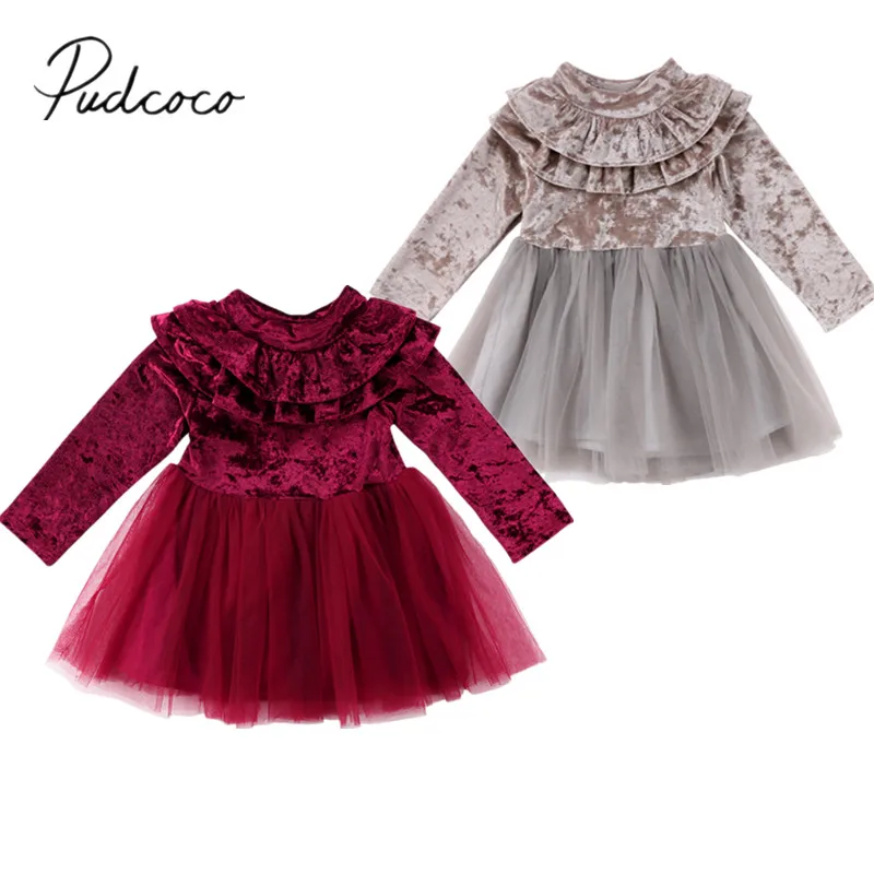 

2018 Brand New Toddler Infant Pageant Kids Baby Girl Dress Velvet Fleece Birthday Party Dress Tulle Tutu Long Sleeve Dress 1-6T