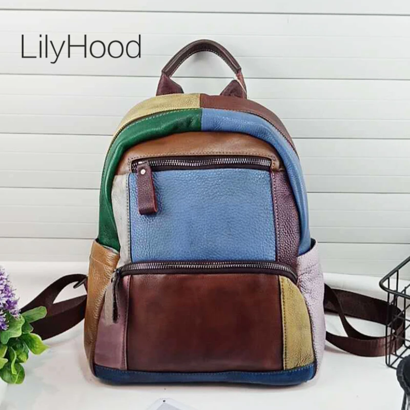 

Natural Brushed-off Leather Backpack Women Casual Multicolor Genuine Leather Daily Daypack Female Vintage School Bag Book Bag