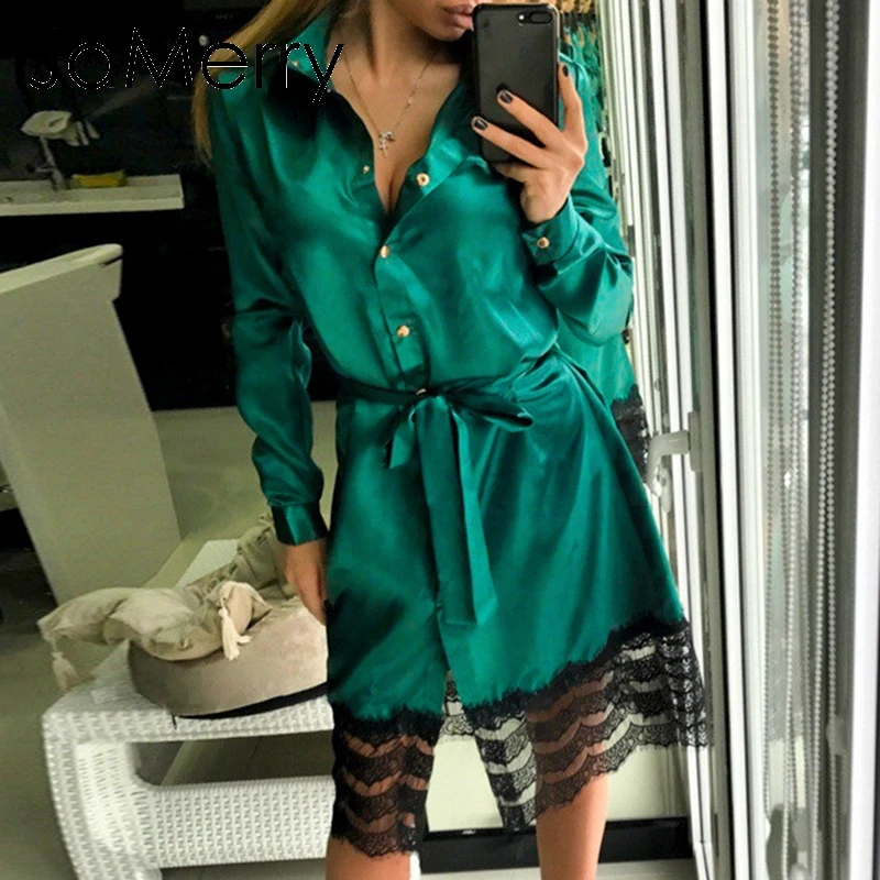 JaMerry Vintage satin women sexy dress Lace patchwork button sashes midi Long sleeve party club dresses vestidos 2019 | Женская одежда