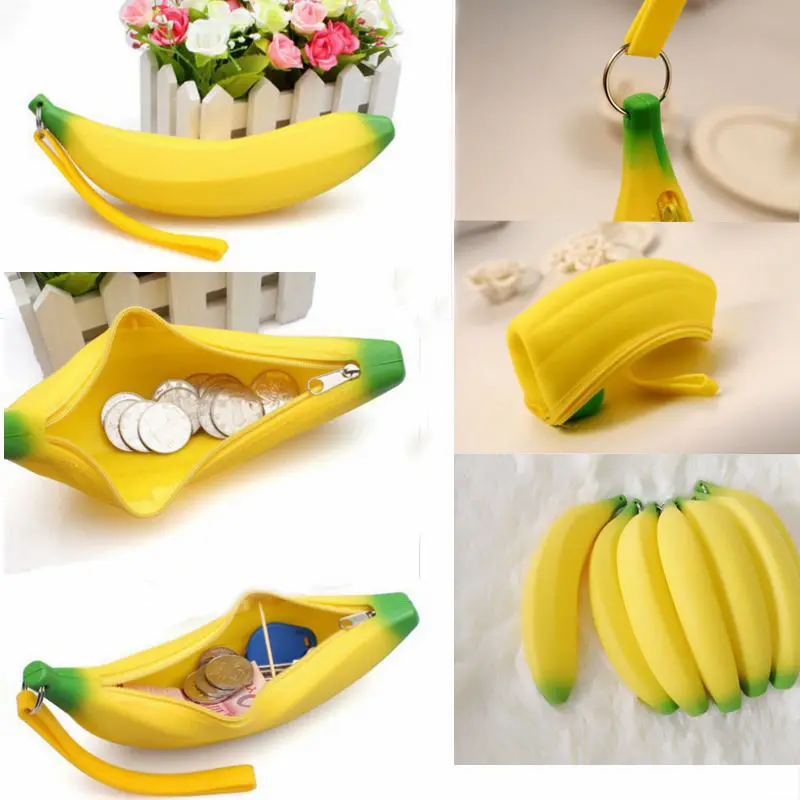  1 X Kawaii Unisex Men Women Girls Novelty Silicone Portable Banana Coin Pencil Pen Case Purse Bag Case Wallet Pouch Keyring 