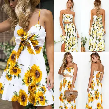 

New Women Ladies Fashion Casual Summer Clothing Set Off Shoulder Floral Print Tank Top And Skirt Party Beach Outfits