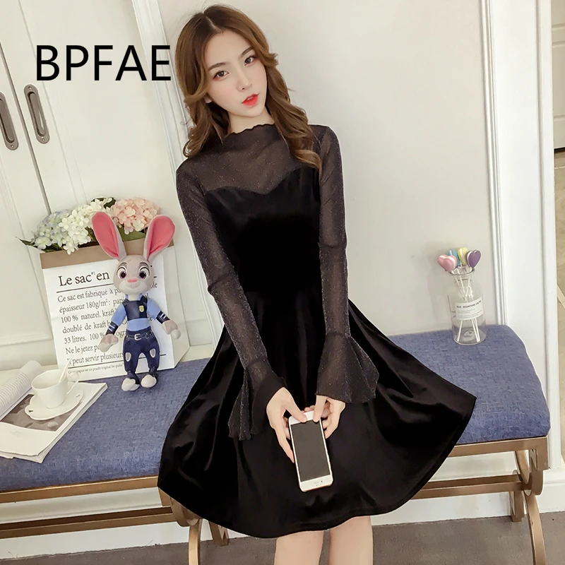 

2019 New Elegant Sparkle See-through Dress Women Long Sleeve Stand Collar Balck Dresses Slim Party Dress Vestido Plus Size M-4XL