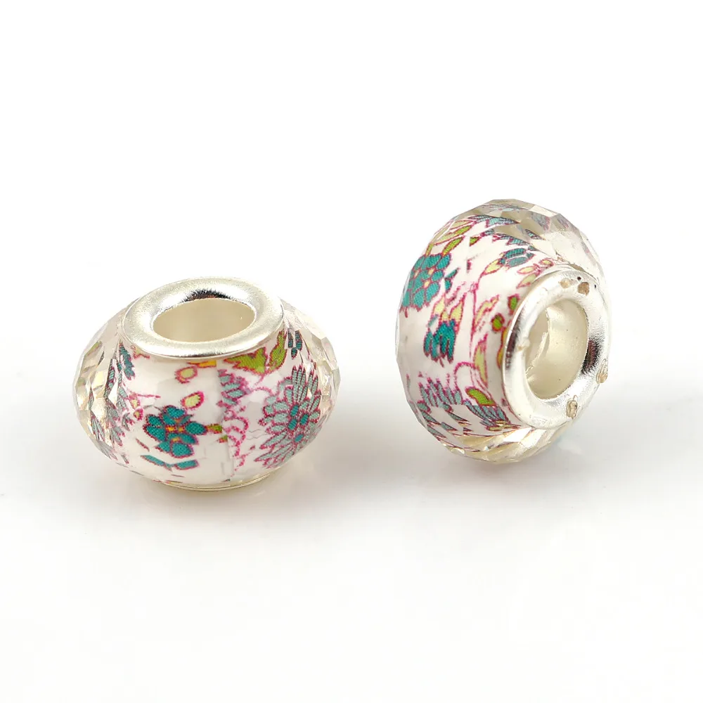 

8Seasons Resin European Style Large Hole Charm Beads Round Silver Color Flower Multicolor Faceted About 14mm( 4/8") Dia, 20 PCs