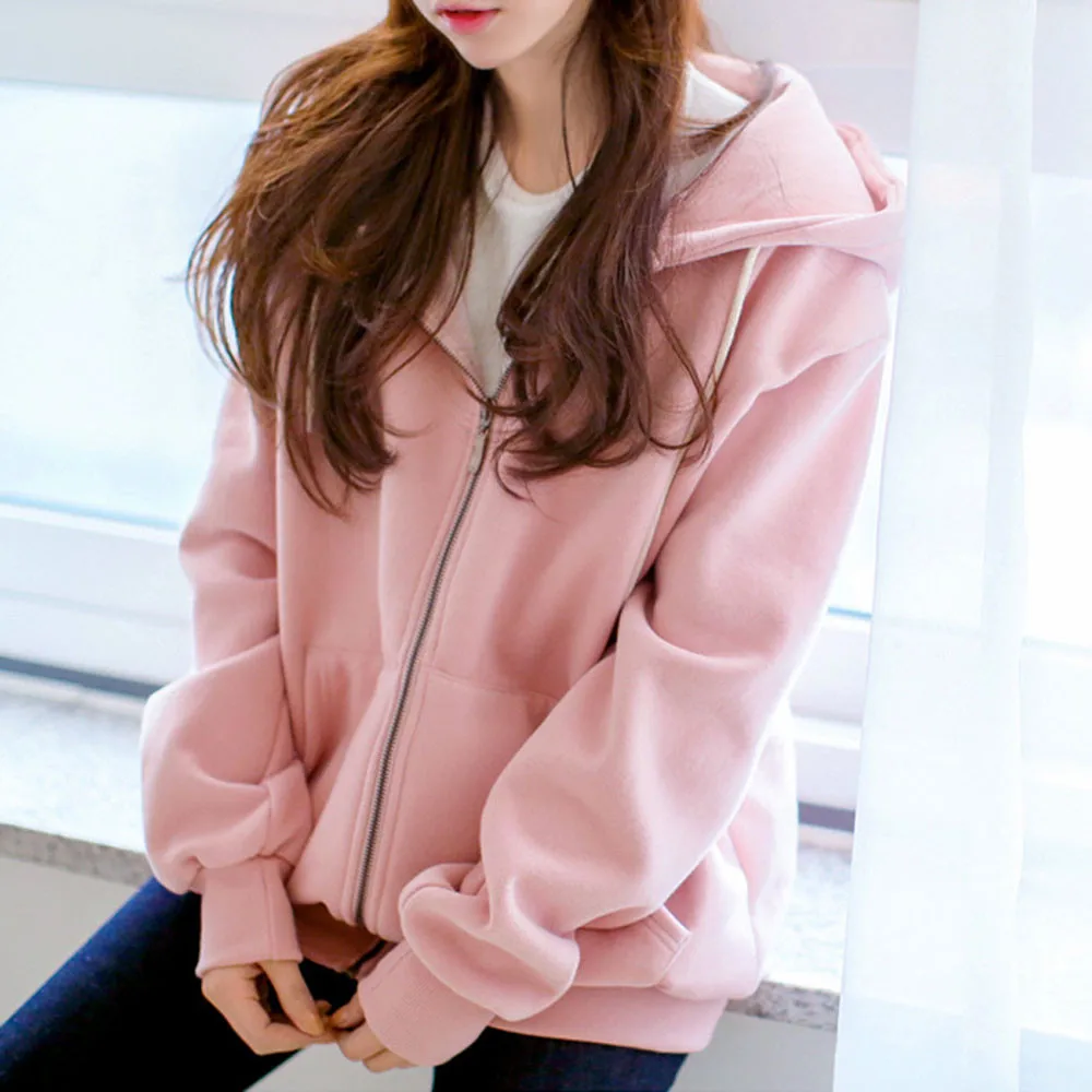 

2019 Autumn Winter Women Hooded Fleece Long Sleeve Loose Casual Zipper Pockets Solid Jacket Coat Womens Hoodies Sweatshirt #60